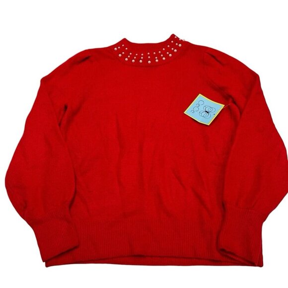 CeCe Womens Sweater Womens M Red Mock Neck Pearl Trim Puff Sleeve Christmas Soft - Picture 1 of 8